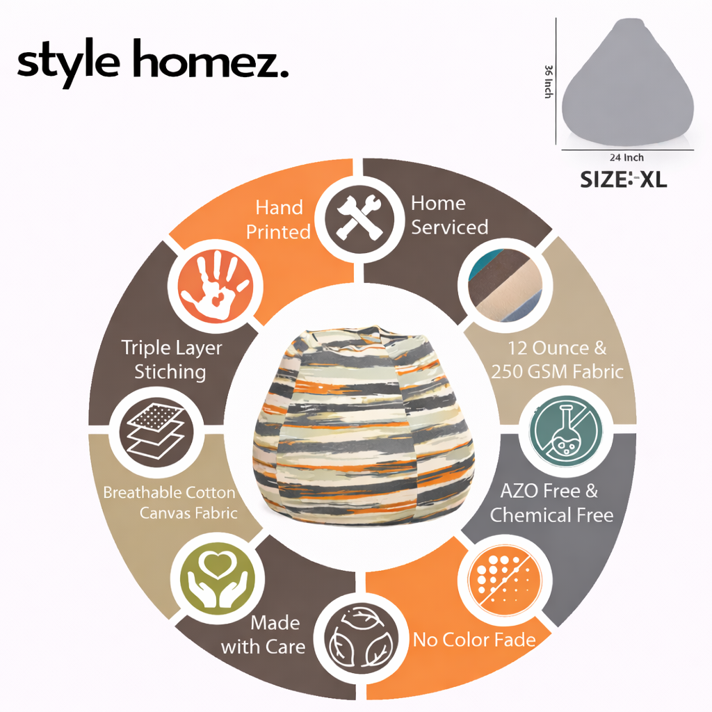 Style Homez Classic Premium Cotton Canvas Stripes Printed Bean Bag XL Size Filled with Beans Fillers