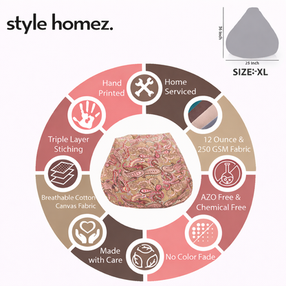 Style Homez Classic Premium Cotton Canvas Paisley Printed Bean Bag XL Size Filled with Beans Fillers