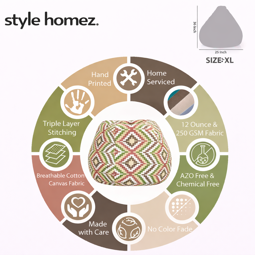 Style Homez Classic Premium Cotton Canvas IKAT Printed Bean Bag XL Size Filled with Beans Fillers