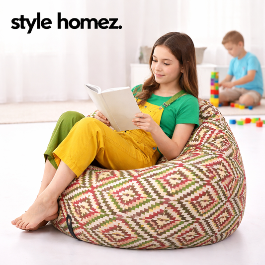 Style Homez Classic Premium Cotton Canvas IKAT Printed Bean Bag XL Size Filled with Beans Fillers