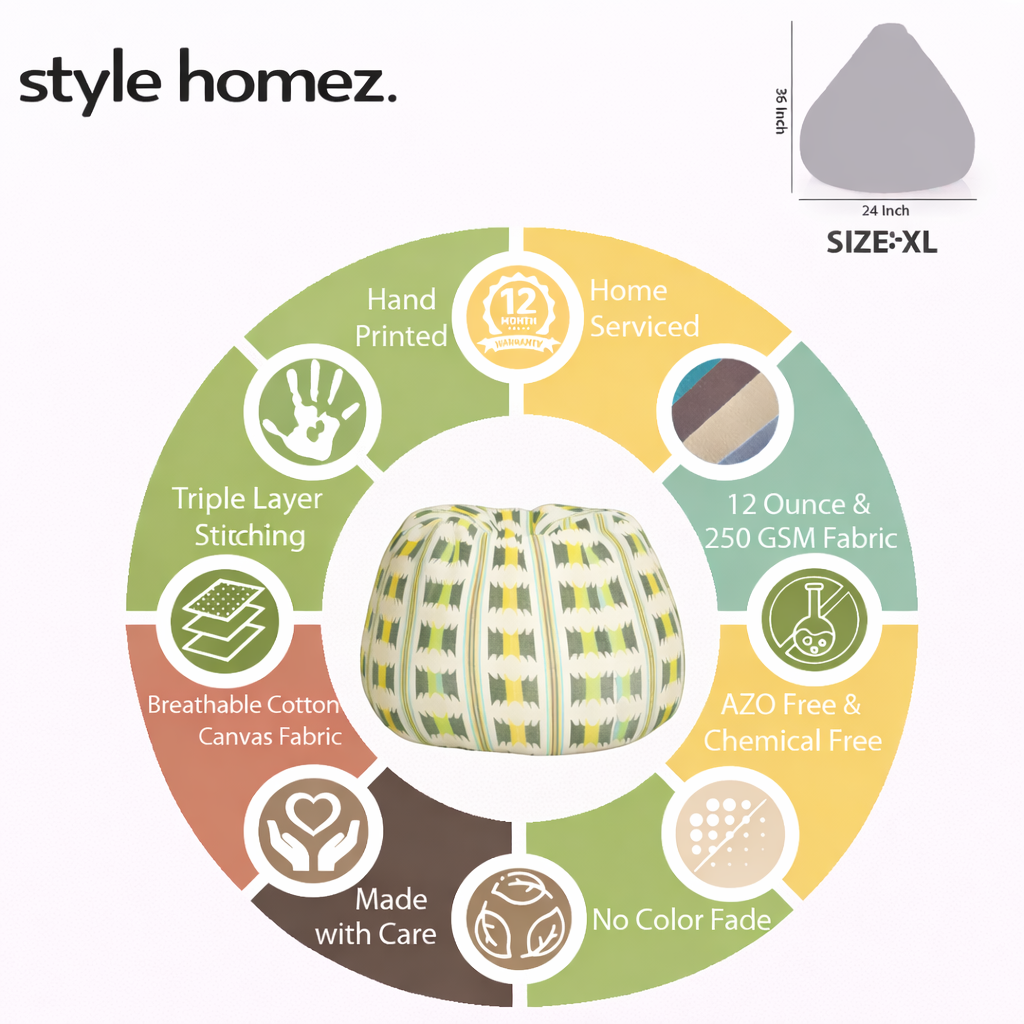 Style Homez Classic Premium Cotton Canvas IKAT Printed Bean Bag XL Size Filled with Beans Fillers