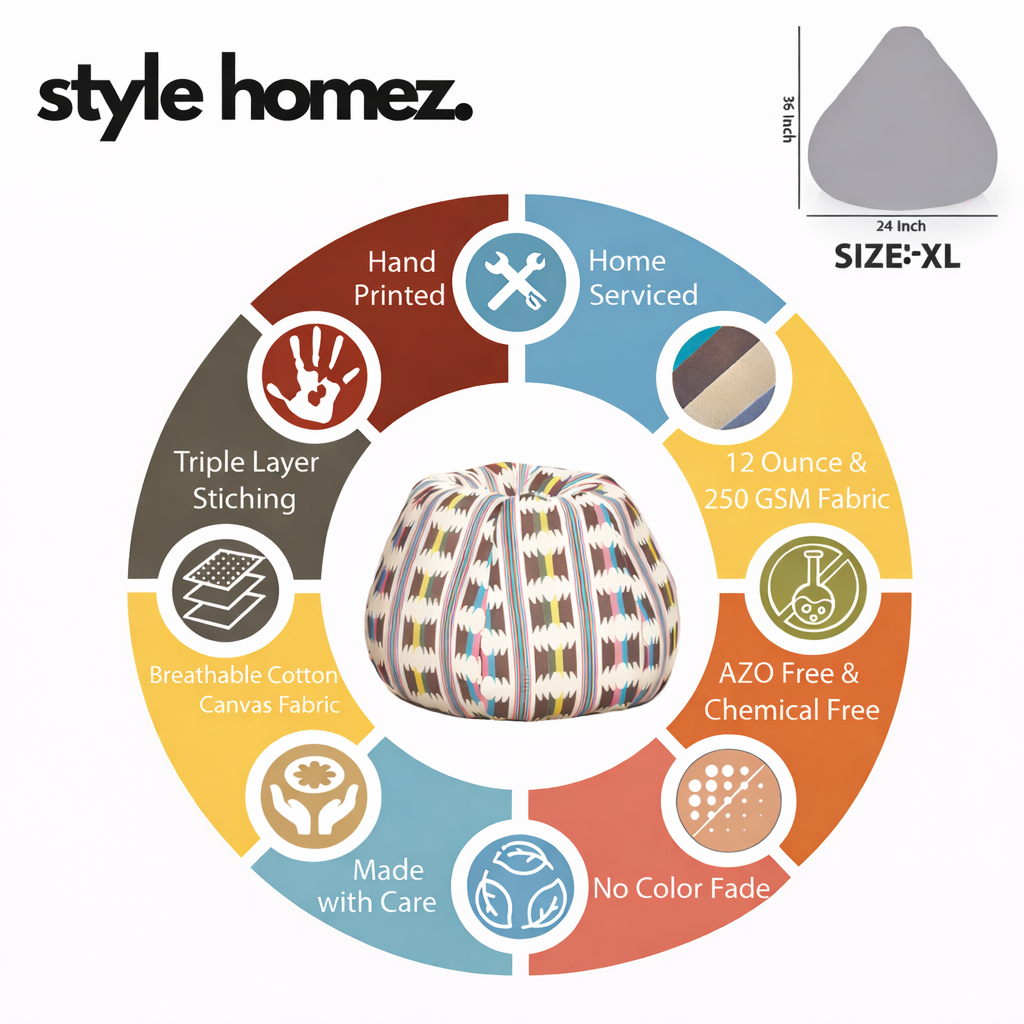 Style Homez Classic Premium Cotton Canvas IKAT Printed Bean Bag XL Size Filled with Beans Fillers
