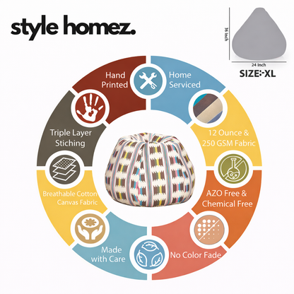 Style Homez Classic Premium Cotton Canvas IKAT Printed Bean Bag XL Size Filled with Beans Fillers