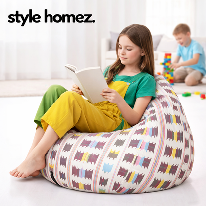 Style Homez Classic Premium Cotton Canvas IKAT Printed Bean Bag XL Size Filled with Beans Fillers