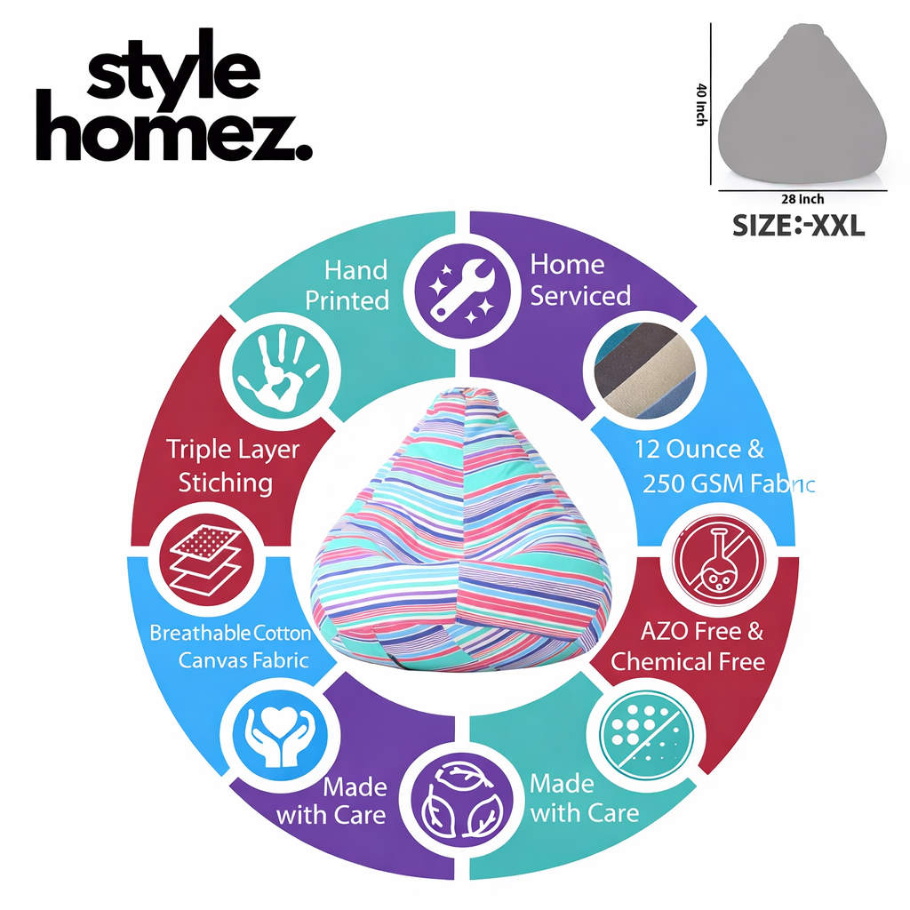 Style Homez Classic Cotton Canvas Stripes Printed Bean Bag XXL Size Filled with Beans Fillers