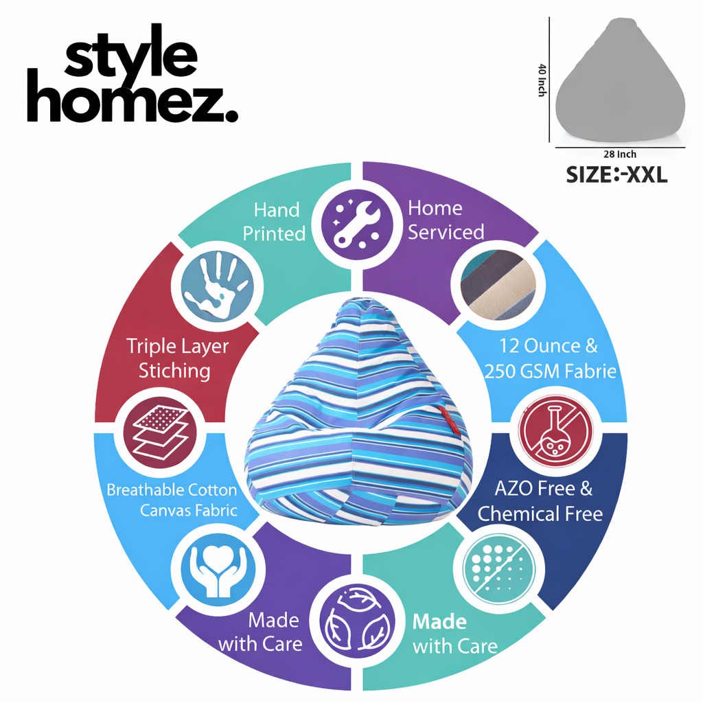 Style Homez Classic Cotton Canvas Stripes Printed Bean Bag XXL Size Filled with Beans Fillers
