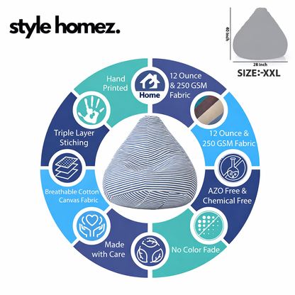 Style Homez Classic Cotton Canvas Stripes Printed Bean Bag XXL Size Filled with Beans Fillers