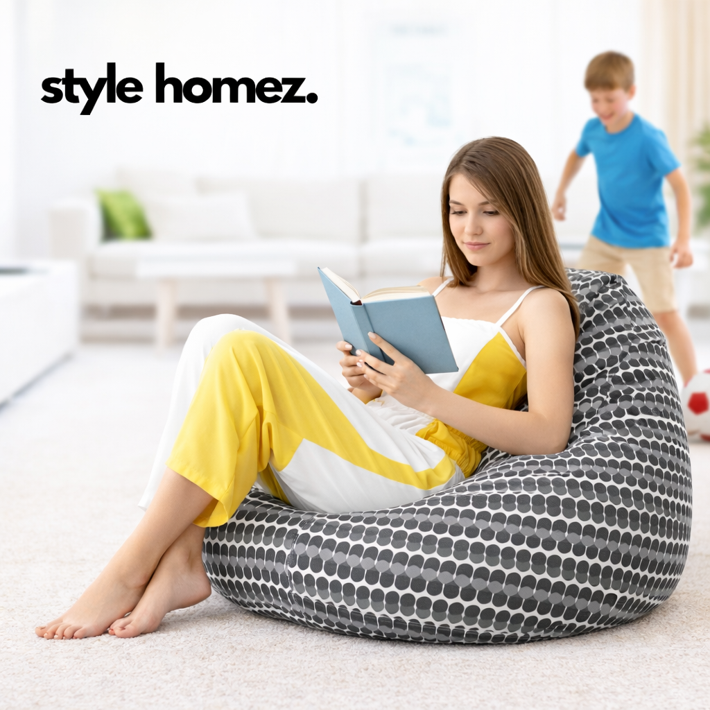 Style Homez Classic Cotton Canvas Polka Dots Printed Bean Bag XXL Size Filled with Beans Fillers