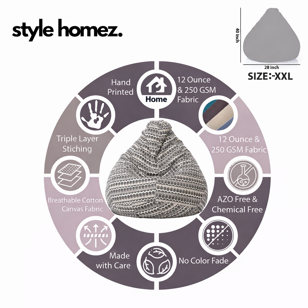 Style Homez Classic Cotton Canvas Polka Dots Printed Bean Bag XXL Size Filled with Beans Fillers