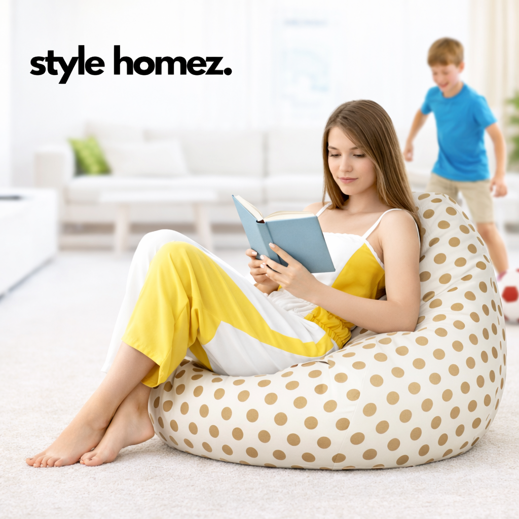 Style Homez Classic Cotton Canvas Polka Dots Printed Bean Bag XXL Size Filled with Beans Fillers