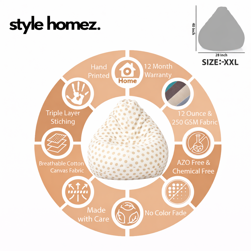 Style Homez Classic Cotton Canvas Polka Dots Printed Bean Bag XXL Size Filled with Beans Fillers