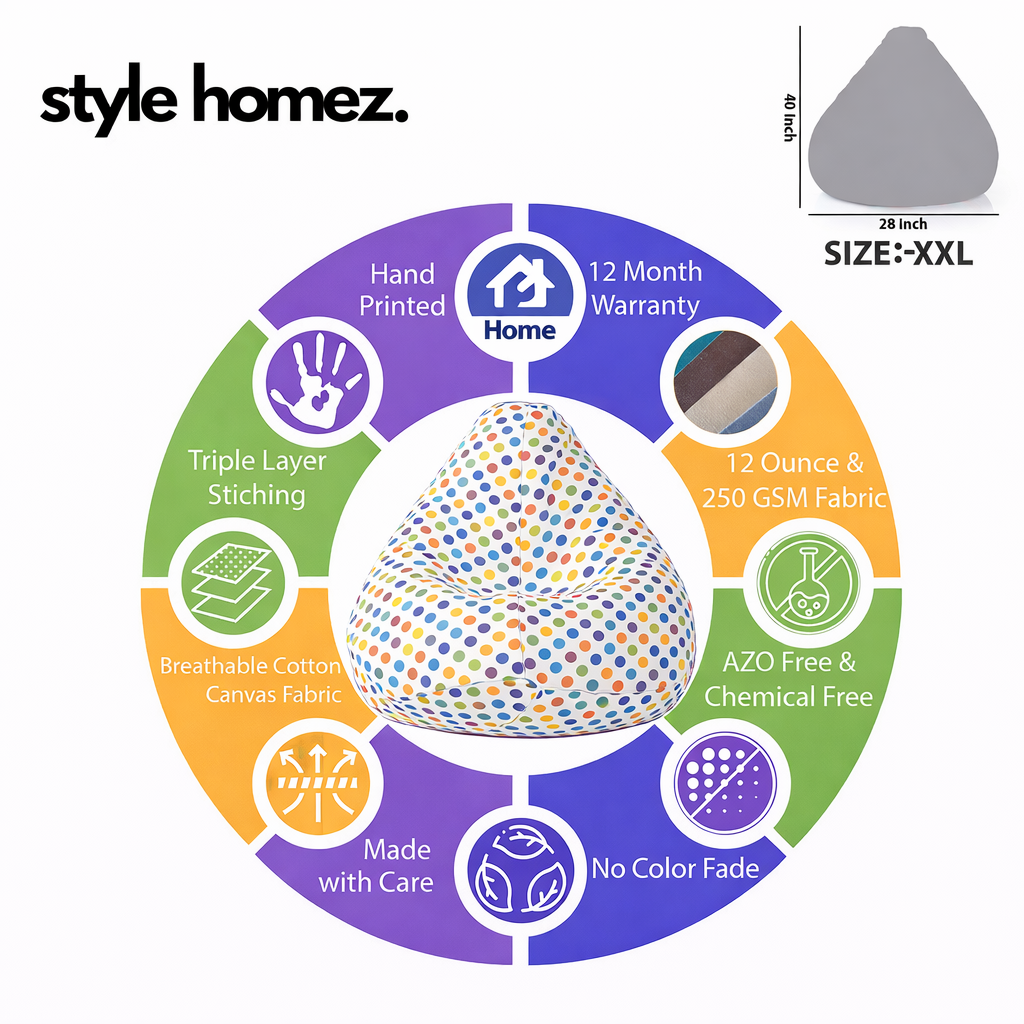 Style Homez Classic Cotton Canvas Polka Dots Printed Bean Bag XXL Size Filled with Beans Fillers