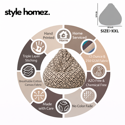 Style Homez Classic Cotton Canvas Geometric Printed Bean Bag XXL Size Filled with Beans Fillers