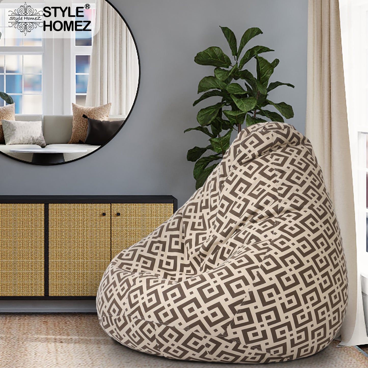 Style Homez Classic Cotton Canvas Geometric Printed Bean Bag XXL Size Filled with Beans Fillers