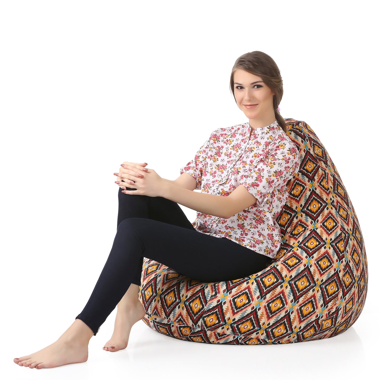 Style Homez Classic Cotton Canvas Geometric Printed Bean Bag XXL Size Filled with Beans Fillers