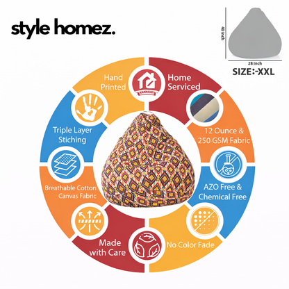 Style Homez Classic Cotton Canvas Geometric Printed Bean Bag XXL Size Filled with Beans Fillers