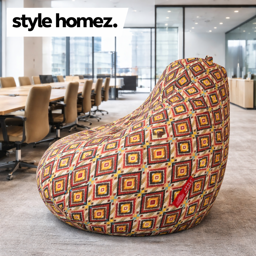 Style Homez Classic Cotton Canvas Geometric Printed Bean Bag XXL Size Filled with Beans Fillers
