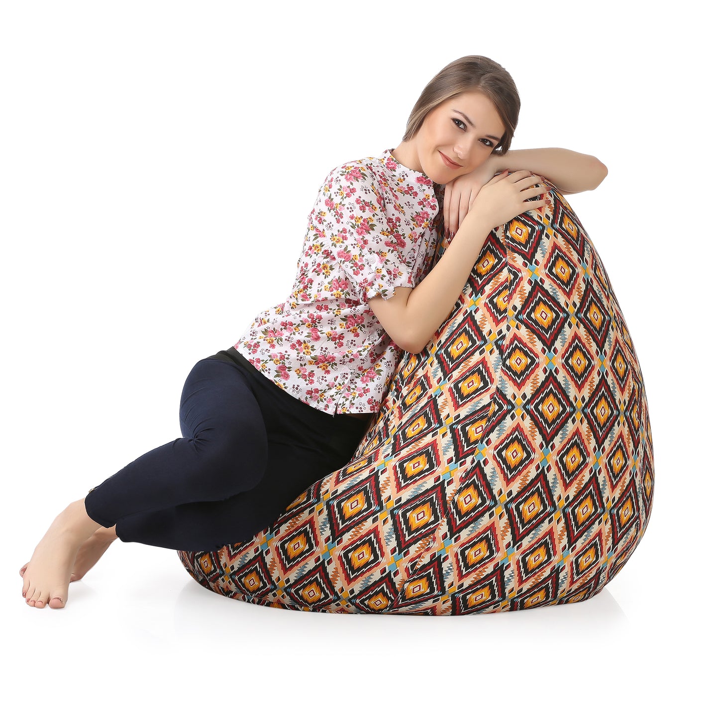 Style Homez Classic Cotton Canvas Geometric Printed Bean Bag XXL Size Filled with Beans Fillers