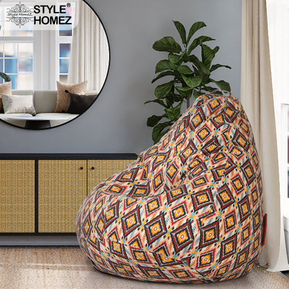 Style Homez Classic Cotton Canvas Geometric Printed Bean Bag XXL Size Filled with Beans Fillers