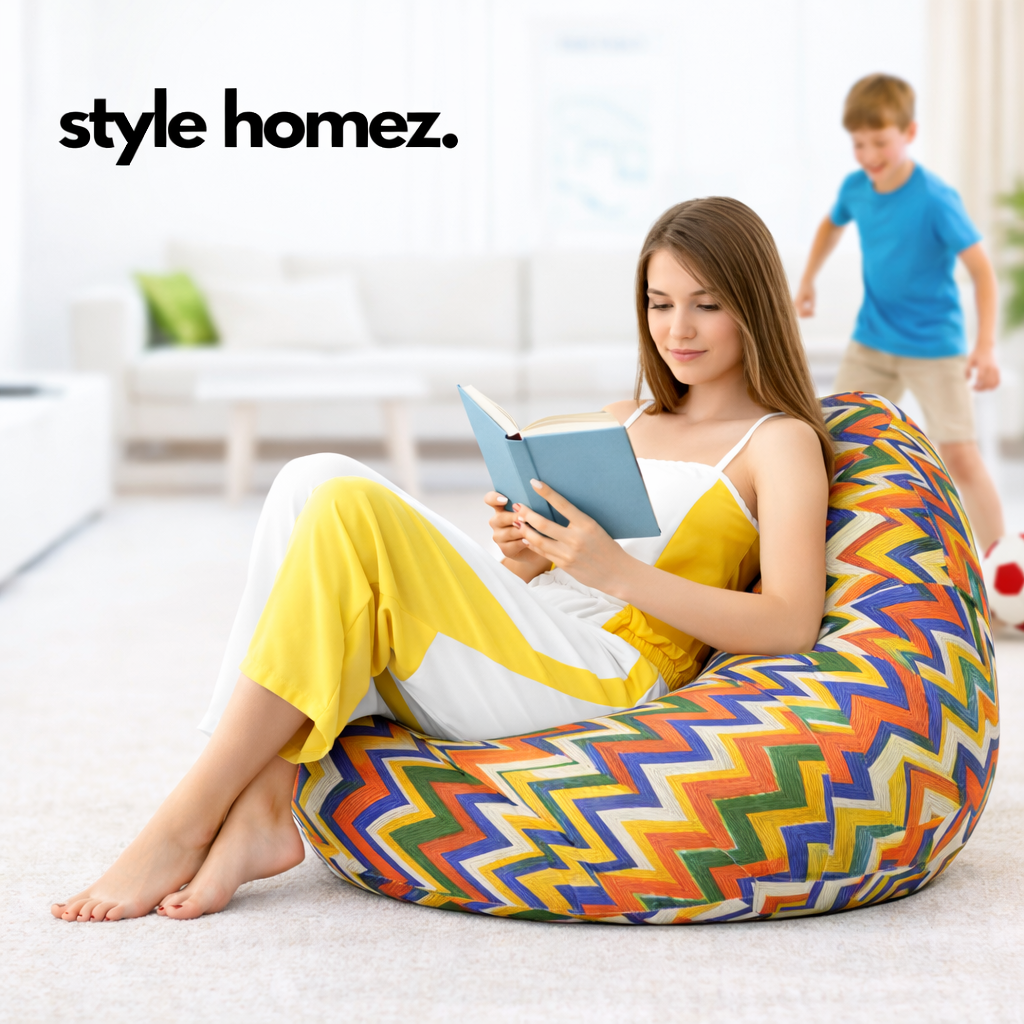 Style Homez Classic Cotton Canvas Geometric Printed Bean Bag XXL Size Filled with Beans Fillers