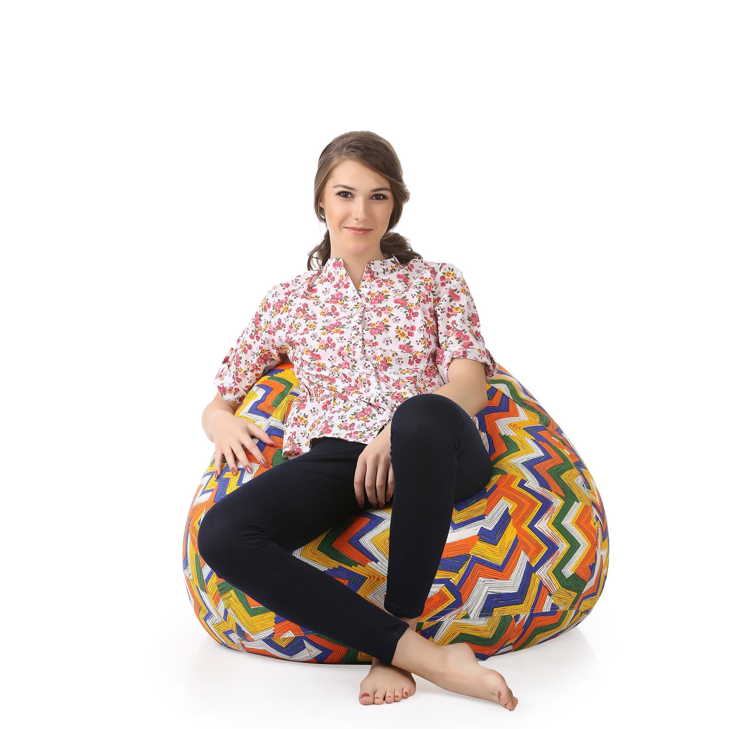 Style Homez Classic Cotton Canvas Geometric Printed Bean Bag XXL Size Filled with Beans Fillers