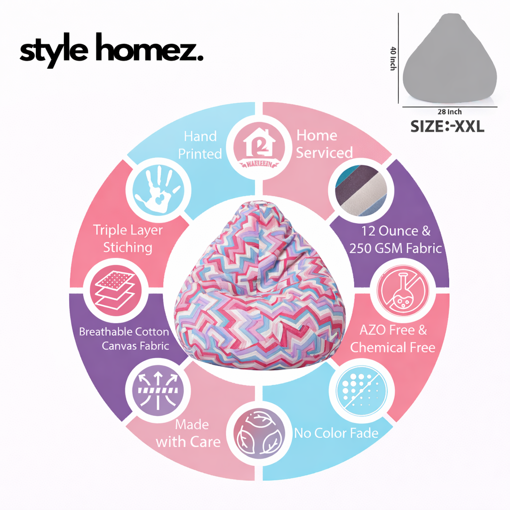 Style Homez Classic Cotton Canvas Geometric Printed Bean Bag XXL Size Filled with Beans Fillers