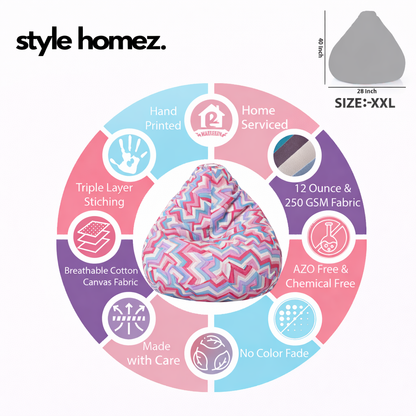 Style Homez Classic Cotton Canvas Geometric Printed Bean Bag XXL Size Filled with Beans Fillers