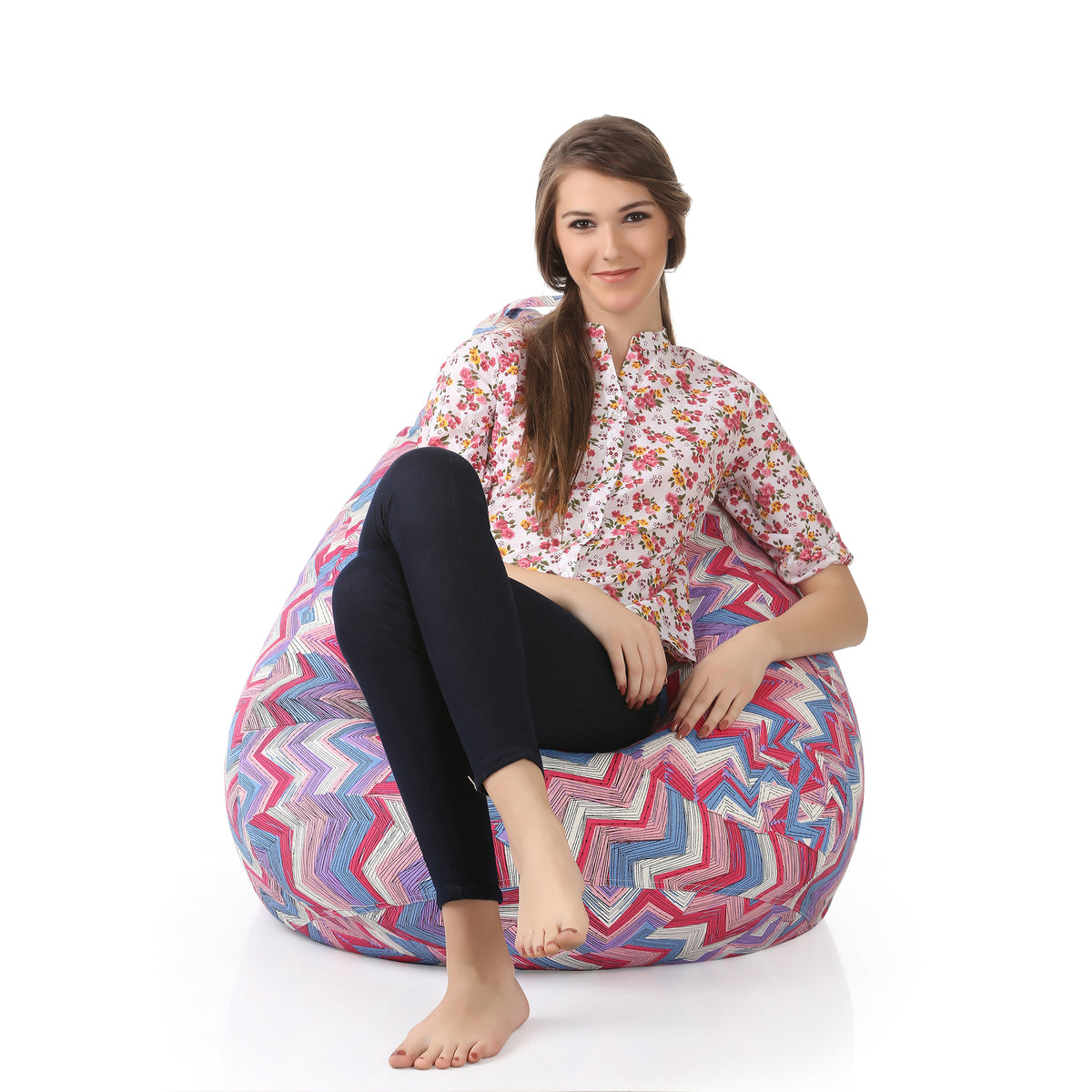 Style Homez Classic Cotton Canvas Geometric Printed Bean Bag XXL Size Filled with Beans Fillers