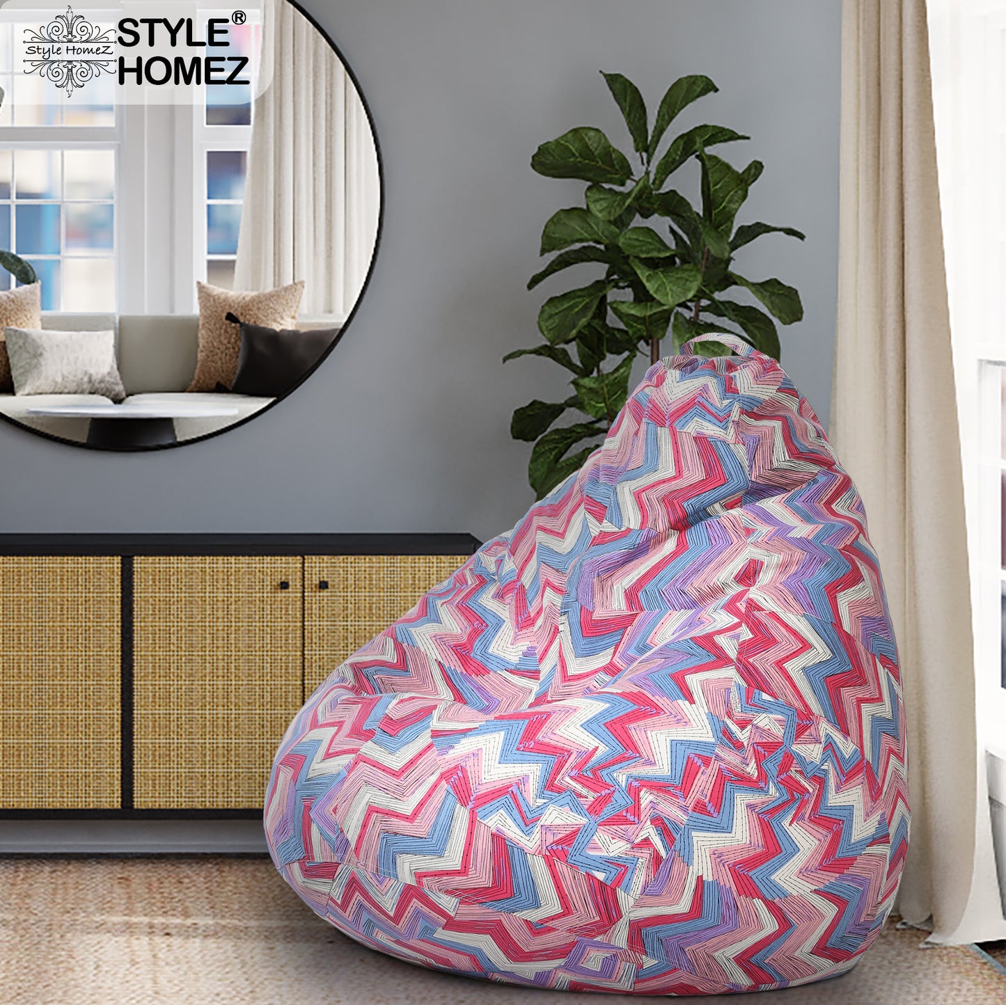 Style Homez Classic Cotton Canvas Geometric Printed Bean Bag XXL Size Filled with Beans Fillers