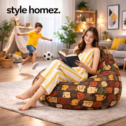 Style Homez Classic Cotton Canvas Abstract Printed Bean Bag XXL Size Filled with Beans Fillers