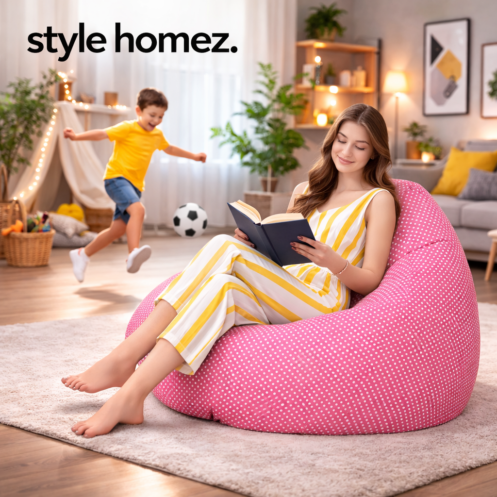 Style Homez Classic Cotton Canvas Polka Dots Printed Bean Bag XXL Size Filled with Beans Fillers