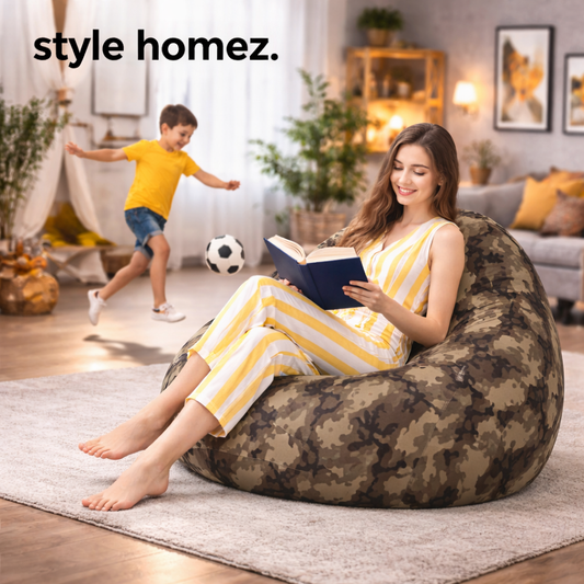 Style Homez Classic Cotton Canvas Camouflage Printed Bean Bag XXL Size Filled with Beans Fillers