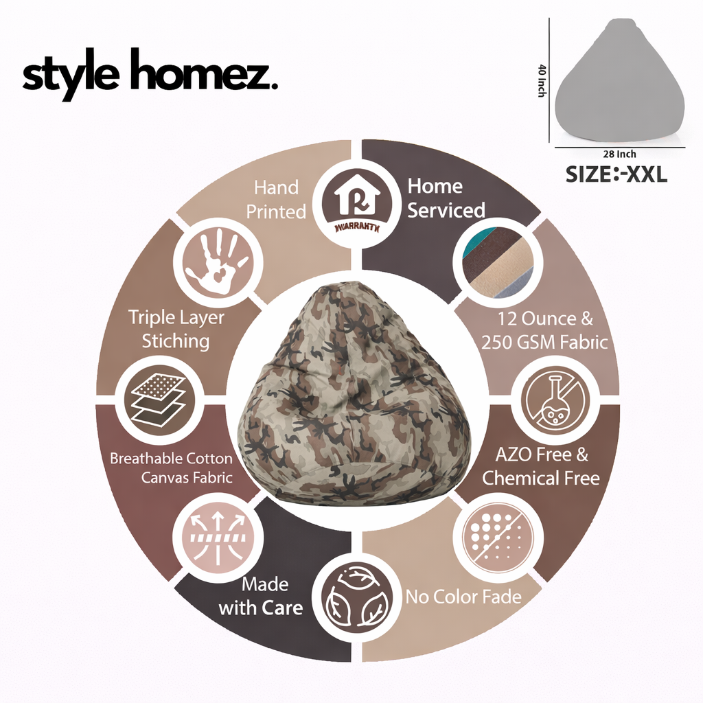 Style Homez Classic Cotton Canvas Camouflage Printed Bean Bag XXL Size Filled with Beans Fillers
