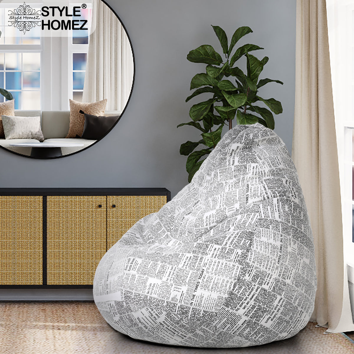 Style Homez Classic Cotton Canvas Newspaper Printed Bean Bag XXL Size Filled with Beans Fillers