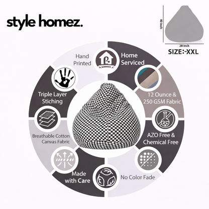 Style Homez Classic Cotton Canvas Checkered Printed Bean Bag XXL Size Filled with Beans Fillers