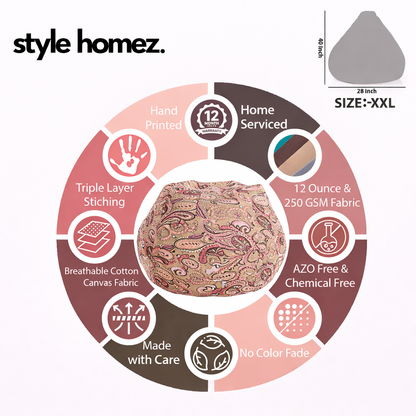 Style Homez Classic Cotton Canvas Paisley Printed Bean Bag XXL Size Filled with Beans Fillers