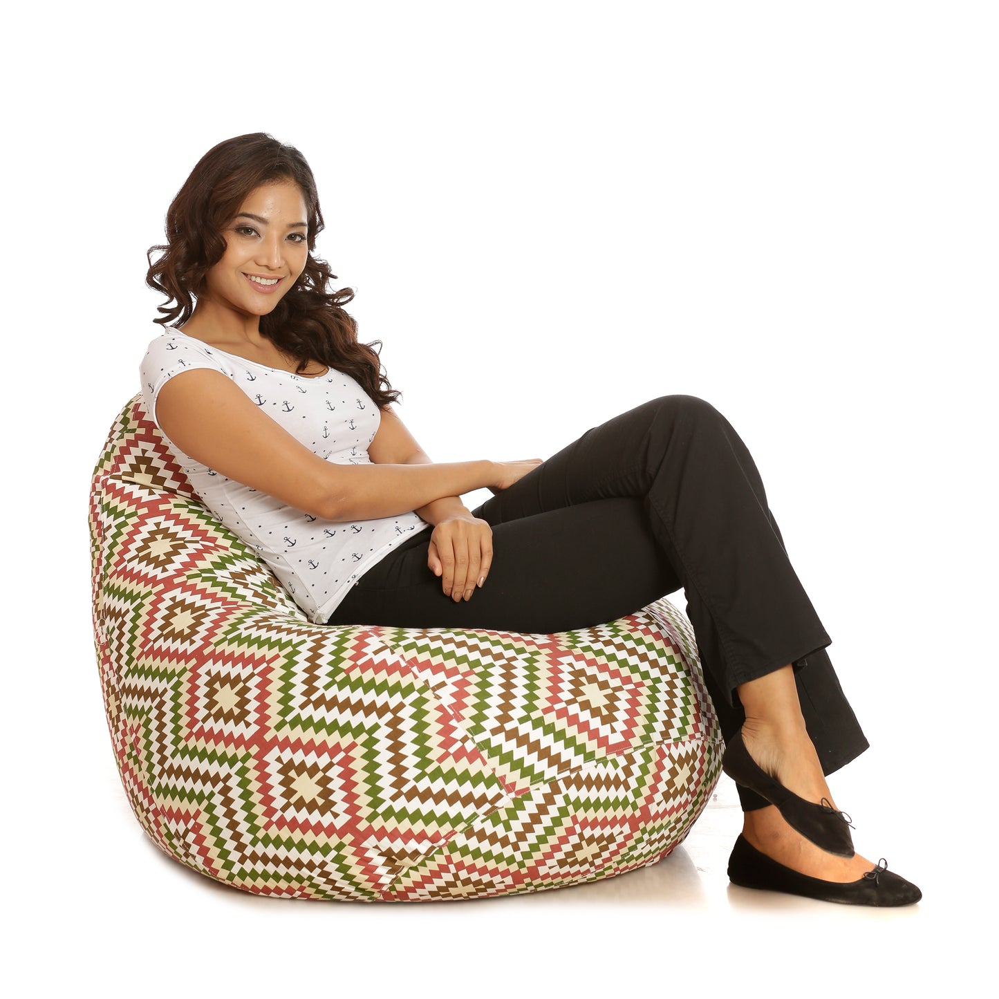 Style Homez Classic Cotton Canvas IKAT Printed Bean Bag XXL Size Filled with Beans Fillers