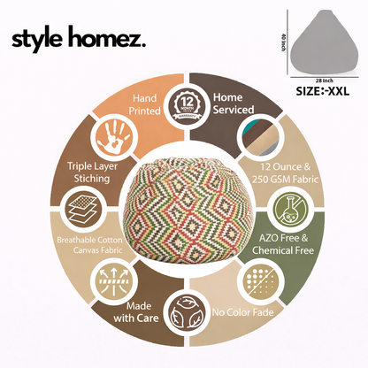Style Homez Classic Cotton Canvas IKAT Printed Bean Bag XXL Size Filled with Beans Fillers