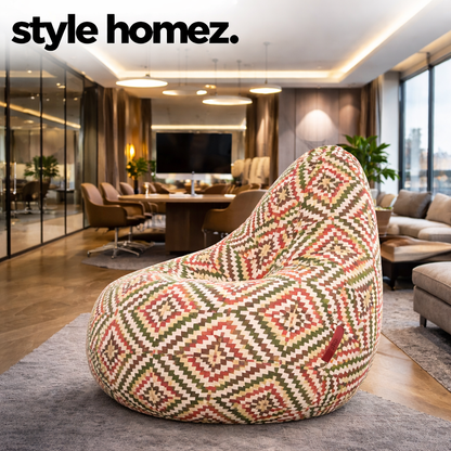 Style Homez Classic Cotton Canvas IKAT Printed Bean Bag XXL Size Filled with Beans Fillers