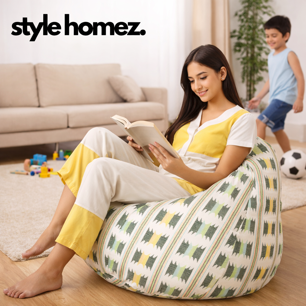 Style Homez Classic Cotton Canvas IKAT Printed Bean Bag XXL Size Filled with Beans Fillers