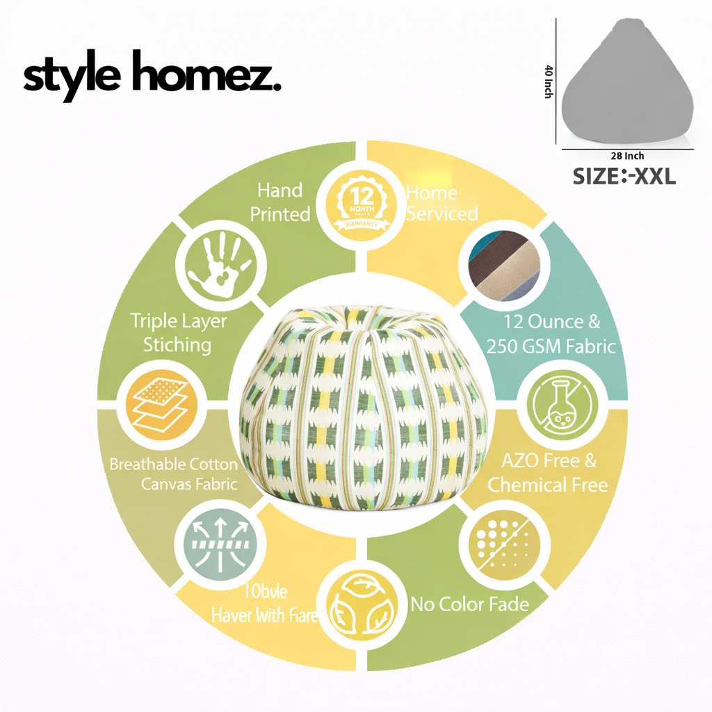 Style Homez Classic Cotton Canvas IKAT Printed Bean Bag XXL Size Filled with Beans Fillers