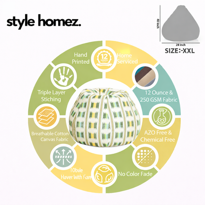 Style Homez Classic Cotton Canvas IKAT Printed Bean Bag XXL Size Filled with Beans Fillers