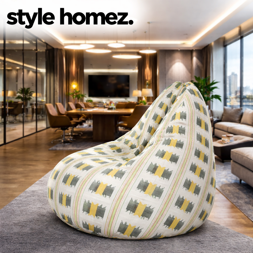 Style Homez Classic Cotton Canvas IKAT Printed Bean Bag XXL Size Filled with Beans Fillers