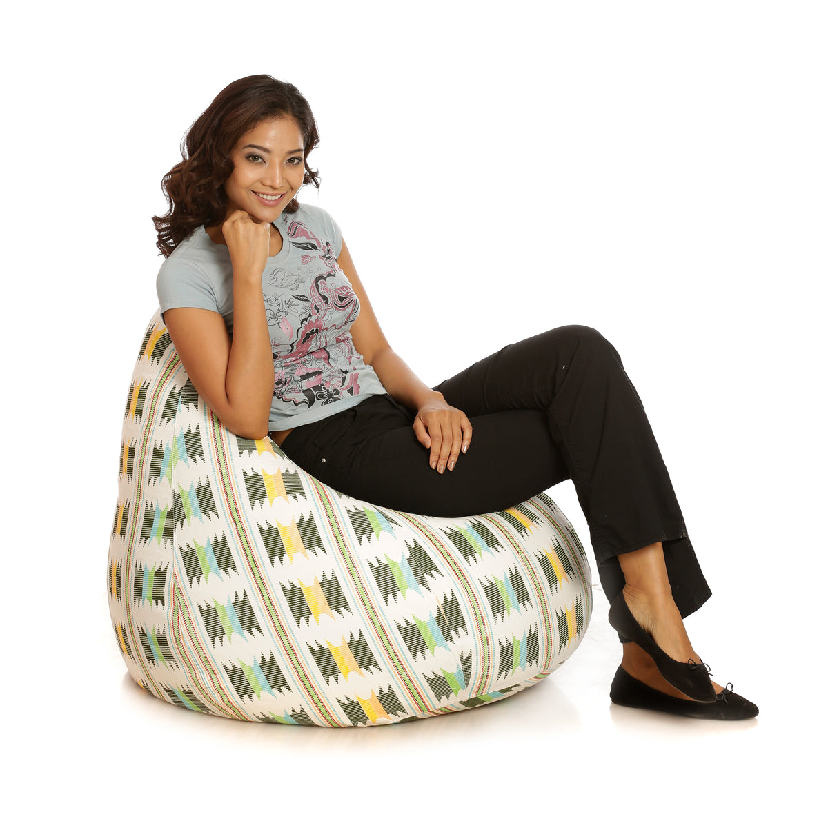 Style Homez Classic Cotton Canvas IKAT Printed Bean Bag XXL Size Filled with Beans Fillers