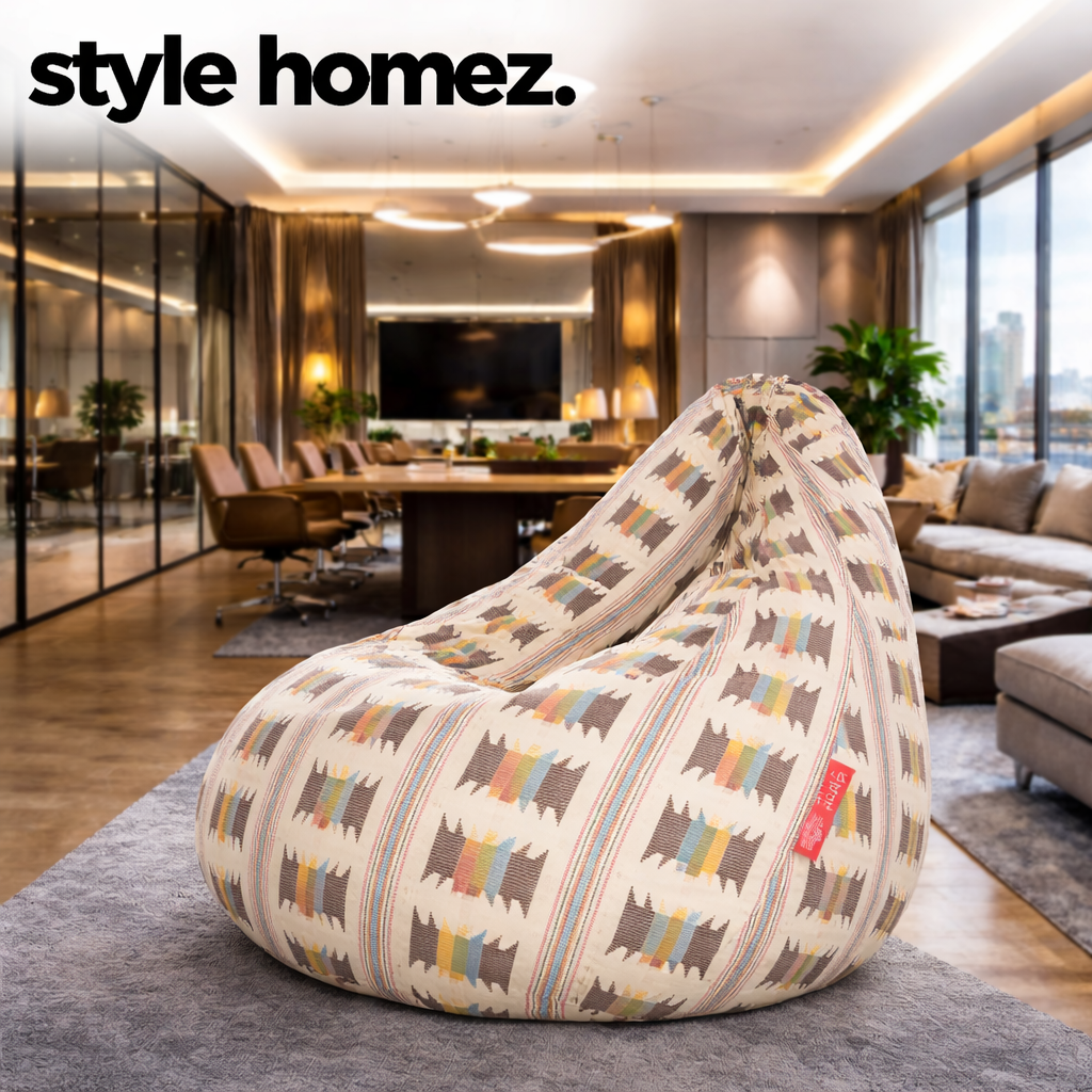 Style Homez Classic Cotton Canvas IKAT Printed Bean Bag XXL Size Filled with Beans Fillers