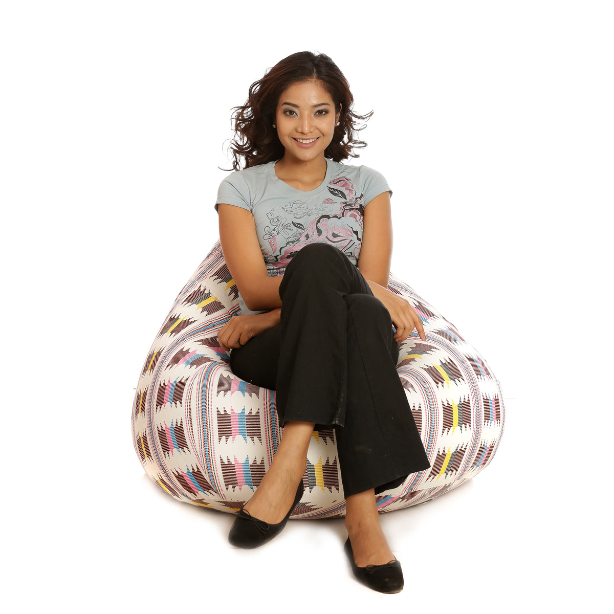 Style Homez Classic Cotton Canvas IKAT Printed Bean Bag XXL Size Filled with Beans Fillers