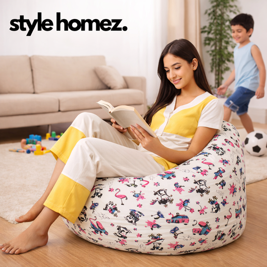 Style Homez Classic Cotton Canvas Abstract Printed Bean Bag XXL Size Filled with Beans Fillers