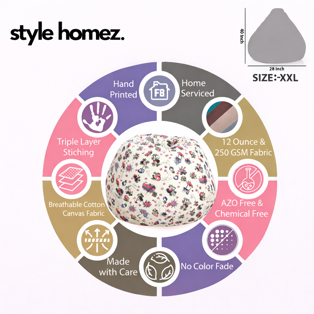 Style Homez Classic Cotton Canvas Abstract Printed Bean Bag XXL Size Filled with Beans Fillers