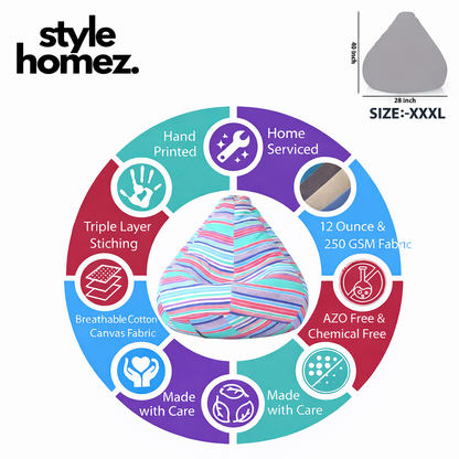 Style Homez Classic Cotton Canvas Stripes Printed Bean Bag XXXL Size Filled with Bean Refill Fillers