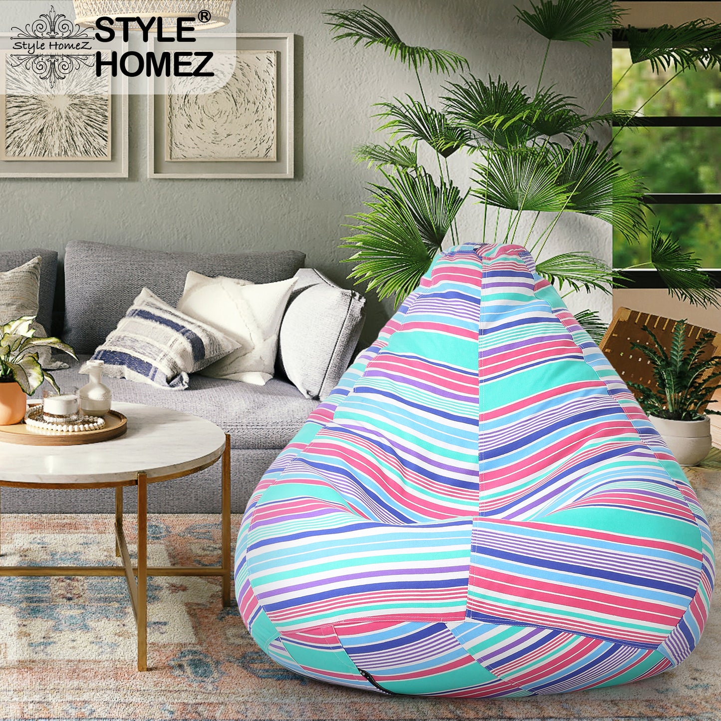 Style Homez Classic Cotton Canvas Stripes Printed Bean Bag XXXL Size Filled with Bean Refill Fillers